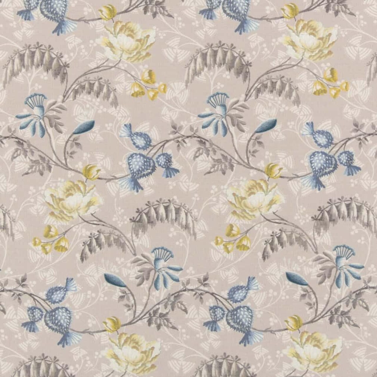Blue Yellow Stain & Water Resistant Performance Pet Friendly Floral Linen Look Print Upholstery Fabric by The Yard - SKU: Nova Daffodil
